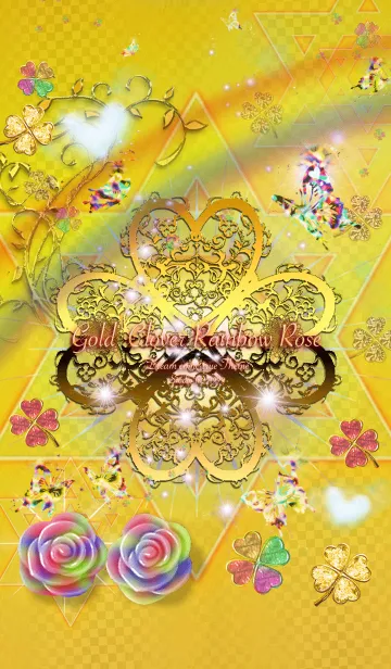 [LINE着せ替え] 運気を引き寄せるゴールド四葉 虹色バラ蝶の画像1