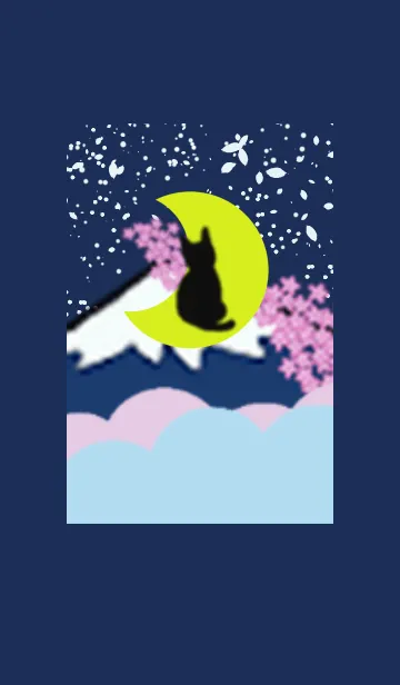 [LINE着せ替え] 富士山シリーズ-富士山桜の下の月の黒猫の画像1