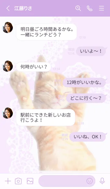 [LINE着せ替え] 茶トラ 猫 レース ラベンダー 着せ替えの画像4