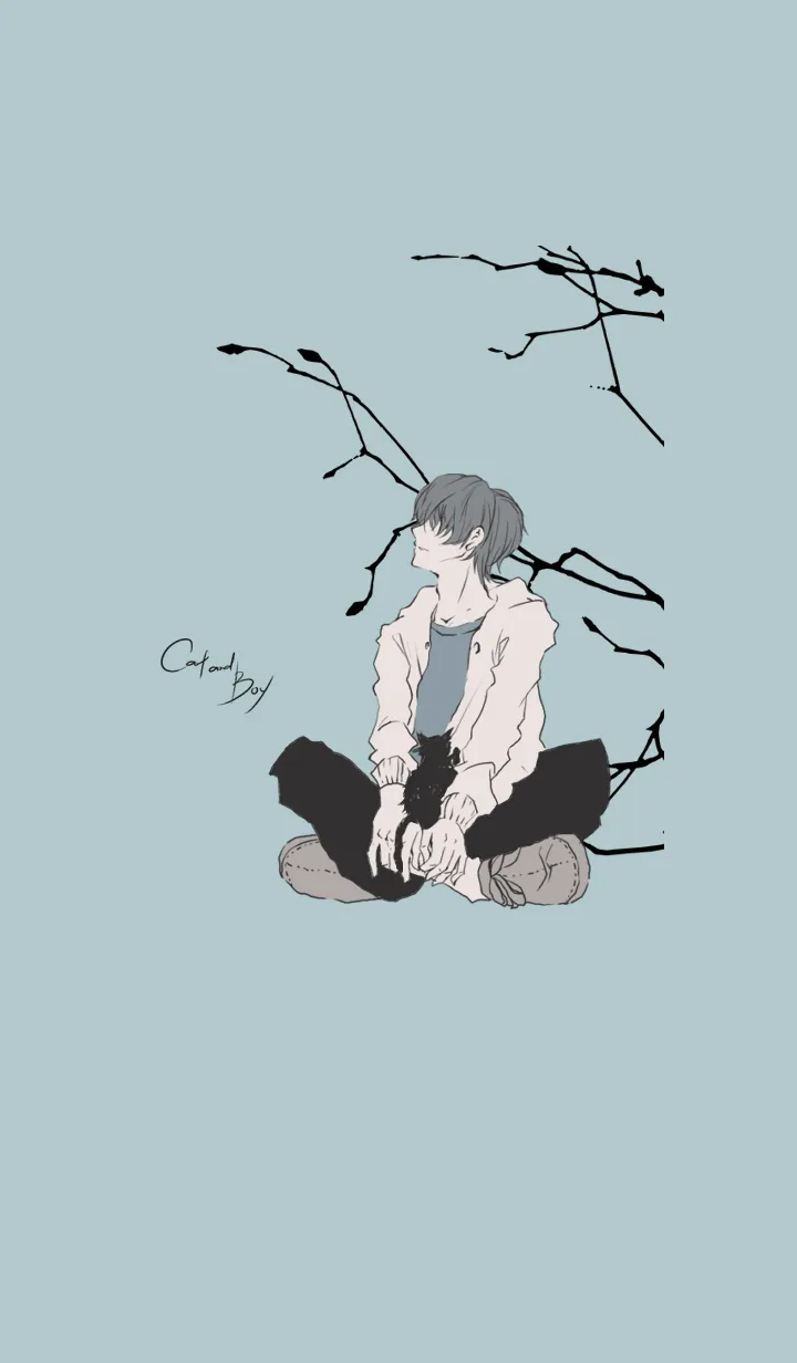 [LINE着せ替え] 黒猫と男子の見る景色・くすみブルーの画像1