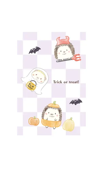 [LINE着せ替え] ハリネズミとハロウィン -パープル- 格子柄の画像1