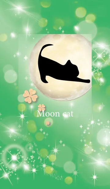 [LINE着せ替え] 緑 : 幸運の月と猫と四葉の画像1