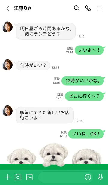 [LINE着せ替え] ワンワン！ - マルチーズ - 白×緑色の画像3