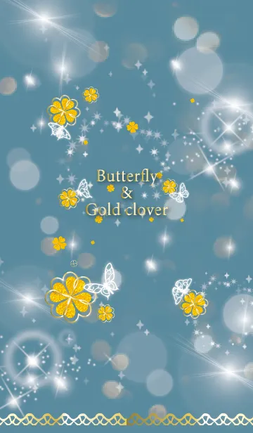 [LINE着せ替え] ベージュ 青 : 運気UP！ 黄金クローバーと蝶の画像1