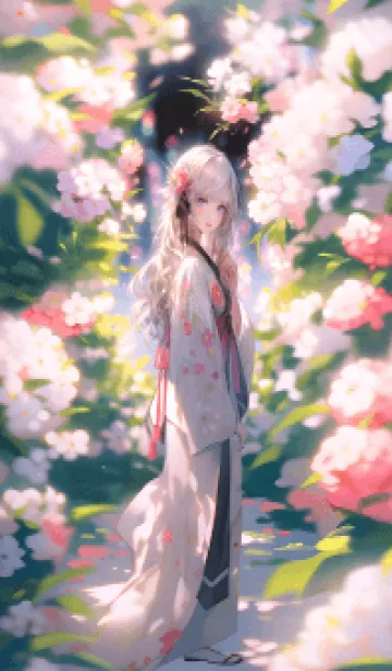 [LINE着せ替え] 花の真ん中に立つ美しいアニメの女の子の画像1