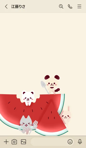 [LINE着せ替え] スイカ×犬・猫・兎・白熊 032 薄茶赤の画像2