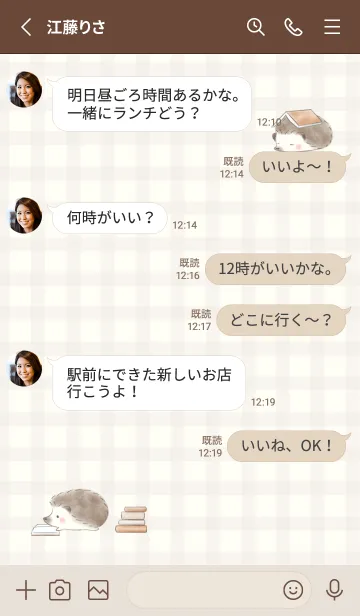 [LINE着せ替え] ハリネズミと本 -ブラウン- チェック 2の画像3