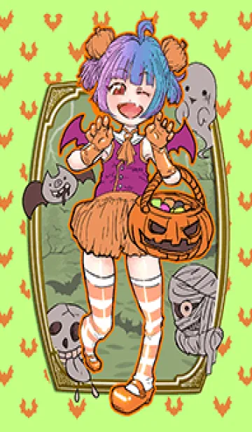 [LINE着せ替え] ハロウィン トリックオアトリート (bat緑の画像1