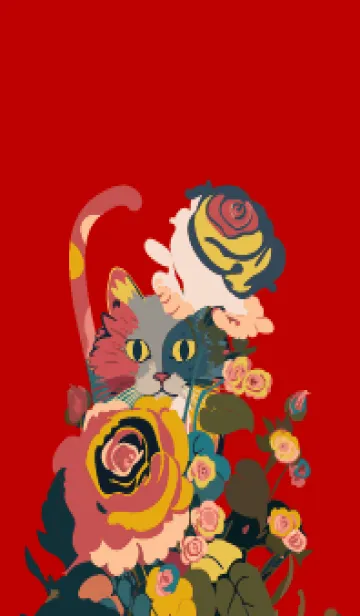 [LINE着せ替え] red & beige 薔薇にひそむ猫の画像1