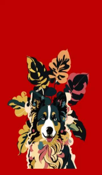 [LINE着せ替え] red & beige 植物とボーダーコリーの画像1
