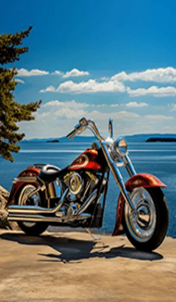 [LINE着せ替え] 晴天の輝く海×アメリカンバイク(赤系)の画像1