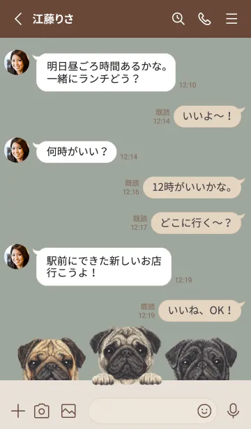 [LINE着せ替え] ワンワン！ - パグ - グリーングレーの画像3