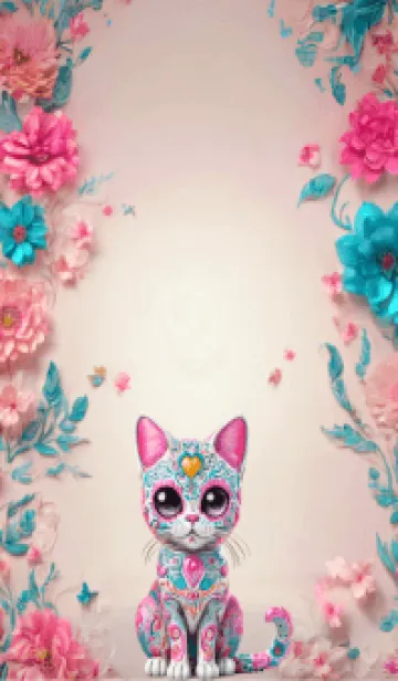 [LINE着せ替え] cute cat pink pastel flowers colorfulの画像1