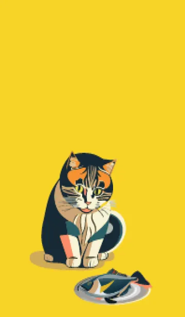 [LINE着せ替え] yellow 魚を見つめる猫の画像1