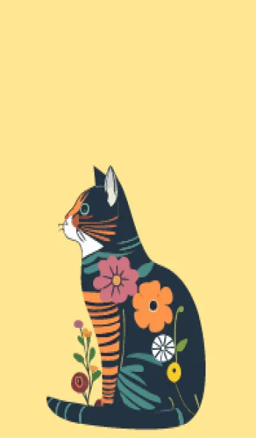 [LINE着せ替え] light yellow 花柄の猫の画像1