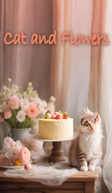 [LINE着せ替え] 猫と花とケーキ♡Peach pinkの画像1