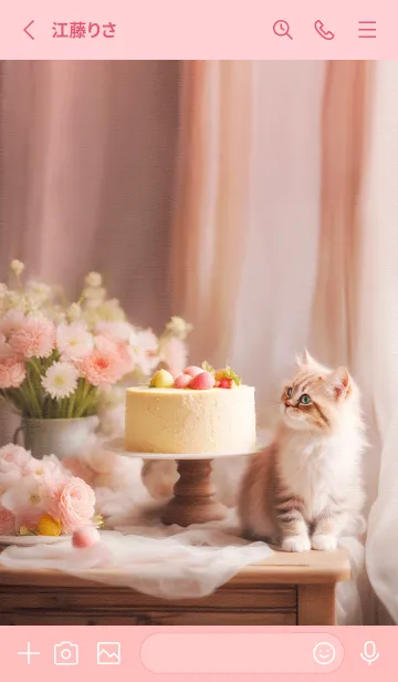 [LINE着せ替え] 猫と花とケーキ♡Peach pinkの画像2