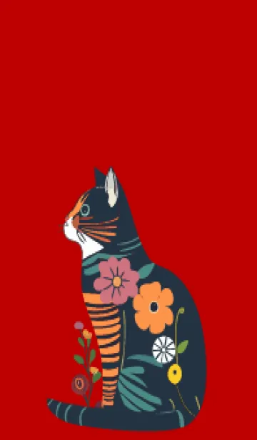 [LINE着せ替え] red & beige 花柄の猫の画像1