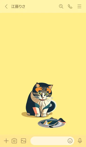 [LINE着せ替え] light yellow 魚を見つめる猫の画像2
