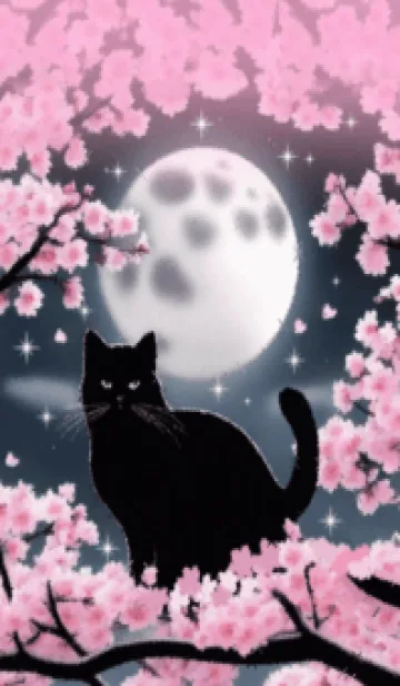 [LINE着せ替え] 夜桜と月に酔いしれる黒猫の画像1