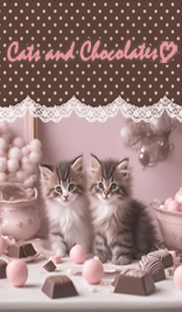 [LINE着せ替え] 猫とチョコレート♡pink×Brown Polka dotsの画像1