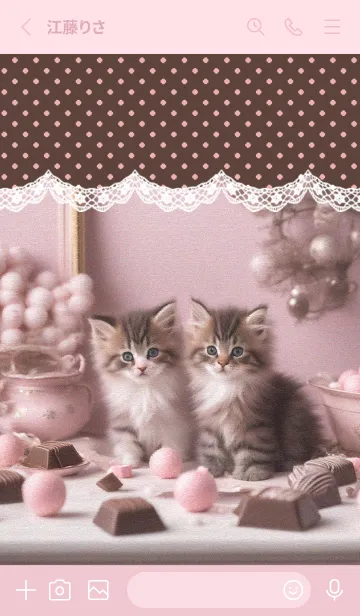 [LINE着せ替え] 猫とチョコレート♡pink×Brown Polka dotsの画像2