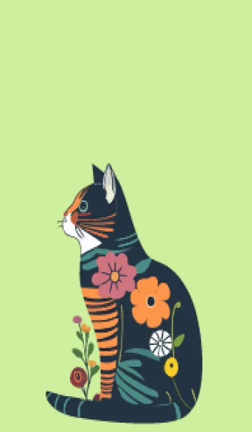 [LINE着せ替え] moss green 花柄の猫の画像1