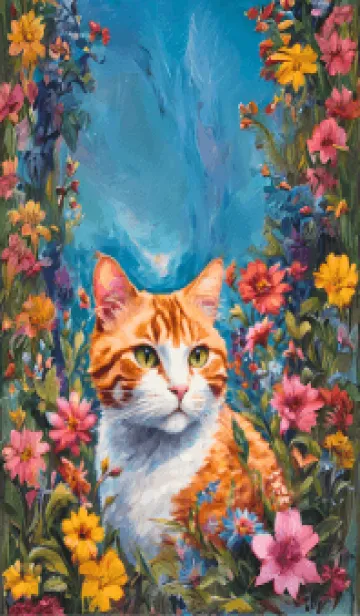 [LINE着せ替え] cute cat flowers garden paintingの画像1