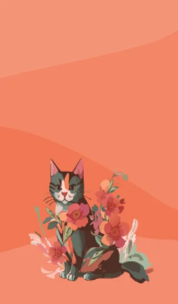 [LINE着せ替え] cat and flowers on red & yellow JPの画像1