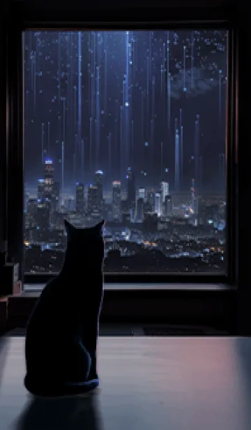 [LINE着せ替え] 窓辺の景色を眺める猫 2(雨夜)の画像1