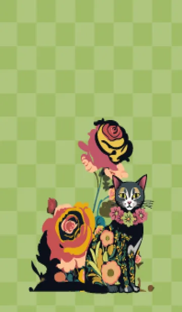 [LINE着せ替え] moss green 花柄猫と花の画像1