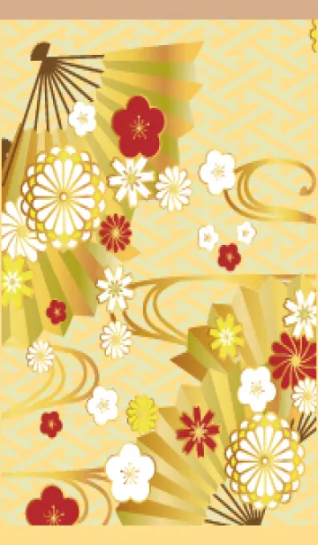 [LINE着せ替え] 扇と花 薄茶と黄色の画像1