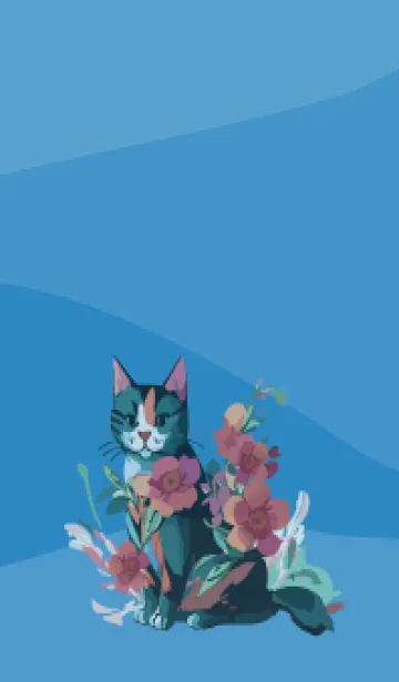 [LINE着せ替え] cat and flowers on blue JPの画像1