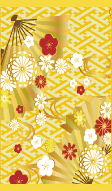 [LINE着せ替え] 扇と花 黄色の画像1