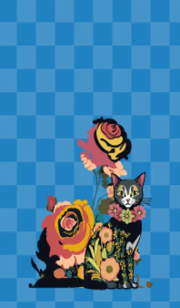 [LINE着せ替え] blue 花柄猫と花の画像1