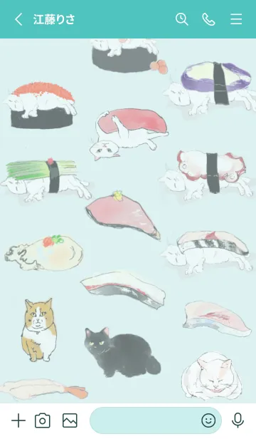 [LINE着せ替え] 3匹のねこと寿司 ターコイズ背景の画像2