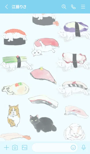 [LINE着せ替え] 3匹のねこと寿司 水色の画像2