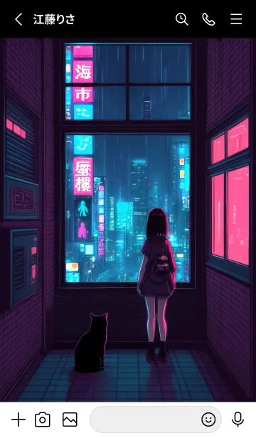 [LINE着せ替え] 窓辺の少女と猫 ネオン街1.1.1の画像2