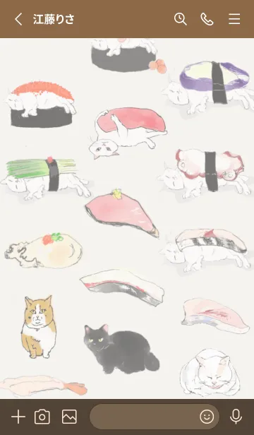 [LINE着せ替え] 3匹のねこと寿司 珈琲色の画像2