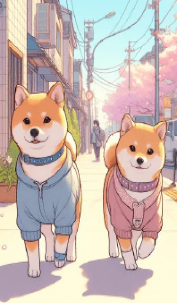 [LINE着せ替え] 街角の桜と柴犬の画像1