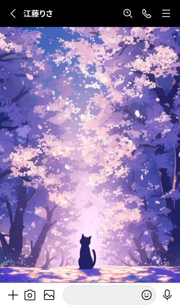 [LINE着せ替え] 深夜の静けさ：夜桜の中で空を見上げる猫の画像2