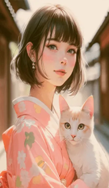 [LINE着せ替え] 美人絵 京都癒しの旅5.1～和服少女&猫の画像1