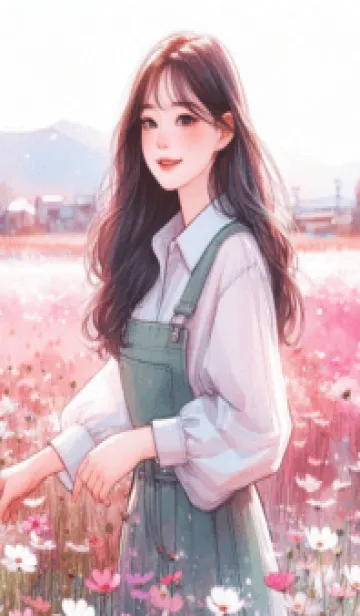 [LINE着せ替え] Minimal girl flower garden anime pink 2の画像1
