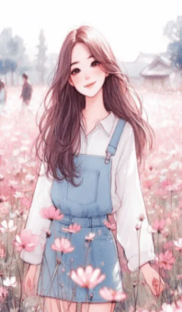 [LINE着せ替え] Minimal girl flower garden anime pink 5の画像1